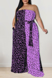 Purple Fashion Casual Print Patchwork Backless With Belt Strapless Plus Size Jumpsuits