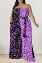 Purple Fashion Casual Print Split Joint Backless With Belt Strapless Plus Size Jumpsuits