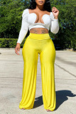 Yellow Casual Solid Patchwork High Waist Straight Solid Color Bottoms