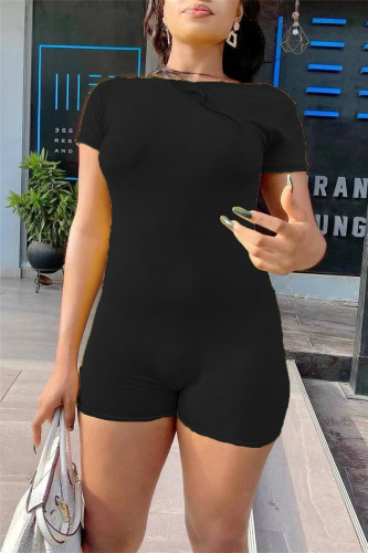 Black Fashion Casual Solid Basic O Neck Skinny Romper