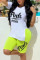 White Fashion Casual Letter Print Slit O Neck Short Sleeve Two Pieces