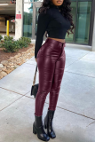 Burgundy Sexy Solid Patchwork Skinny High Waist Pencil Solid Color Bottoms