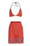 Tangerine Sexy Solid Tassel Patchwork Halter Sleeveless Two Pieces