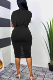 Black Fashion Solid Patchwork V Neck Waist Skirt Dresses
