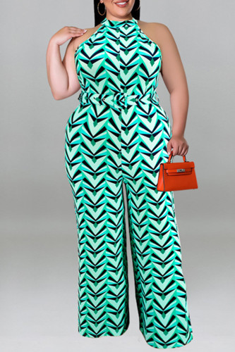 Green Fashion Casual Print Basic O Neck Plus Size Jumpsuits