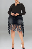 Black Fashion Casual Solid Tassel Plus Size Denim Skirt