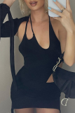 Black Sexy Solid Tassel Halter Irregular Dress Dresses