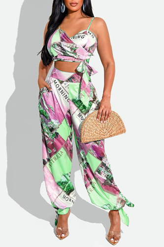 Rose Red Sexy Print Patchwork Spaghetti Strap Sleeveless Two Pieces
