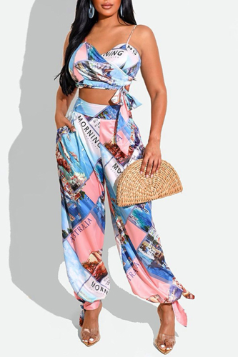 Blue Sexy Print Patchwork Spaghetti Strap Sleeveless Two Pieces