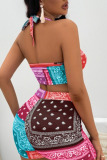 Red Sexy Print Patchwork Backless Halter Sleeveless Two Pieces