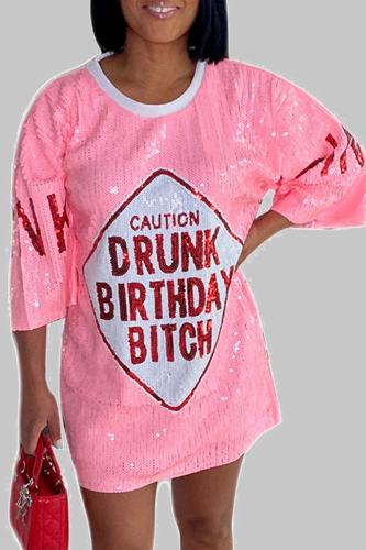 Pink Casual Print Sequins O Neck Straight Dresses