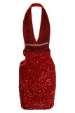 Red Fashion Sexy Patchwork Hollowed Out Sequins Backless Halter Sleeveless Dress