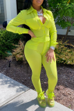 Fluorescent Green Casual Solid Patchwork Turndown Collar Long Sleeve Two Pieces