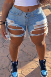 Blue Yellow Fashion Casual Sweet Solid Ripped Patchwork Regular Mid Waist Conventional Solid Color Plus Size Denim Shorts
