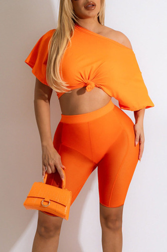 Tangerine Red Sexy Solid Patchwork O Neck Short Sleeve Two Pieces