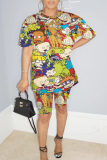 multicolor knit Fashion Sexy adult Ma'am Patchwork Print Character Two Piece Suits Straight Short Sleeve Two Pieces