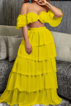 Yellow Sexy Solid Split Joint Flounce Off the Shoulder Short Sleeve Two Pieces