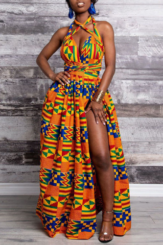 Yellow Vintage Elegant Print Patchwork Asymmetrical Collar A Line Dresses