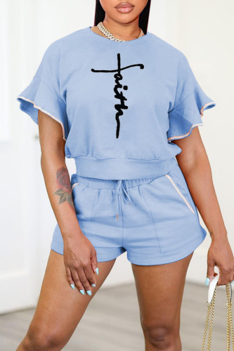 Blue Casual Print Patchwork O Neck Short Sleeve Two Pieces