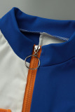 Blue Orange Fashion Casual Patchwork Basic Zipper Collar Skinny Romper