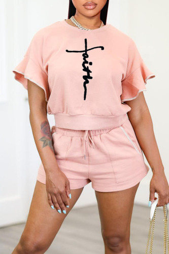 Pink Casual Print Patchwork O Neck Short Sleeve Two Pieces