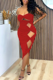 Red Sexy Solid Hollowed Out Patchwork Strapless One Step Skirt Dresses