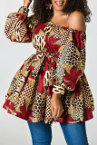 Brown Sexy Print Patchwork One Shoulder Cake Skirt Dresses