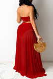 Red Sexy Solid Patchwork Slit Strapless Sleeveless Three Pieces