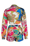 Multicolor Fashion Casual Print Bandage V Neck Long Sleeve Two Pieces