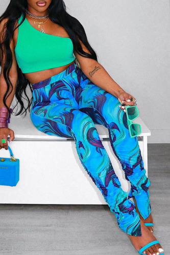 Blue Sexy Print Patchwork Skinny High Waist Pencil Full Print Bottoms