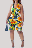 Multicolor Sexy Casual Print Backless Halter Plus Size Romper