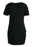Black Fashion Casual Lips Printed Basic V Neck Short Sleeve Dress