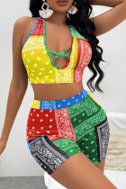 Yellow Sexy Print Patchwork Backless Halter Sleeveless Two Pieces