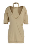 Khaki Sexy Casual Solid Basic O Neck Short Sleeve Two Pieces