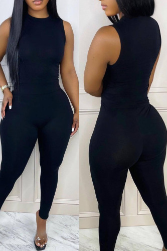 Black Casual Solid Patchwork O Neck Sleeveless Two Pieces