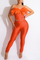 Tangerine Red Sexy Solid Hollowed Out Patchwork Feathers Strapless Sleeveless Two Pieces