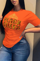 Orange Fashion Street Print Patchwork Letter O Neck T-Shirts