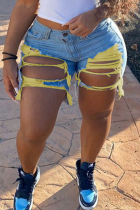 Blue Yellow Fashion Casual Sweet Solid Ripped Split Joint Regular Mid Waist Conventional Solid Color Plus Size Denim Shorts