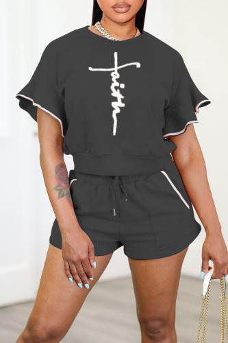 Black Casual Print Patchwork O Neck Short Sleeve Two Pieces