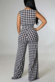 Black White Casual Print Patchwork With Belt V Neck Straight Jumpsuits(Contain The Belt)