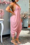 Pink Casual Solid Patchwork O Neck Jumpsuits