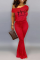 Red Fashion Print Split Joint One Shoulder Boot Cut Jumpsuits