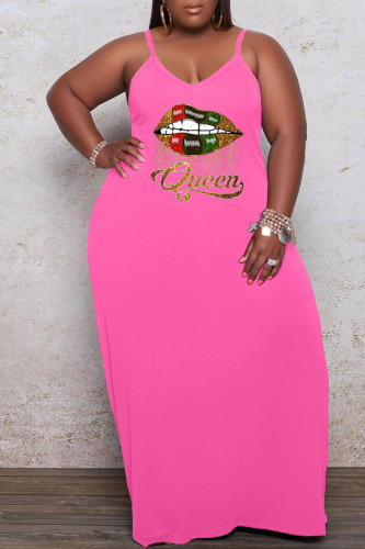 Pink Casual Print Patchwork Spaghetti Strap Sling Dress Plus Size Dresses