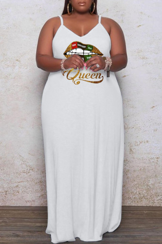 White Casual Print Patchwork Spaghetti Strap Sling Dress Plus Size Dresses