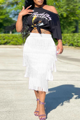 White Casual Print Tassel Patchwork O Neck Short Sleeve Two Pieces