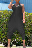 Black Casual Solid Patchwork O Neck Jumpsuits