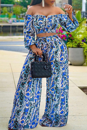 Blue Fashion Casual Print Backless Off the Shoulder Long Sleeve Two Pieces