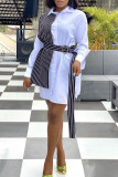 White Fashion Casual Striped Patchwork With Belt Turndown Collar Shirt Dress