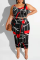 Black Sexy Print Patchwork O Neck Pencil Skirt Plus Size Two Pieces