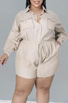 Apricot Casual Solid Split Joint Buckle Turndown Collar Plus Size Jumpsuits